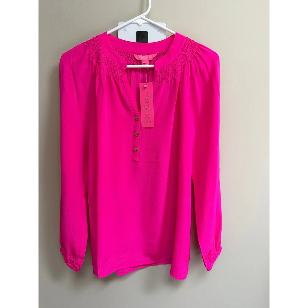 NWT Lilly Pulitzer Elsa Top 100%Silk Pink Silk Smocked Blouse Womens S ret$178 - Picture 2 of 7